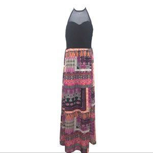 CRYSTAL DOLL BLACK MULTICOLORED HALTER MAXI DRESS